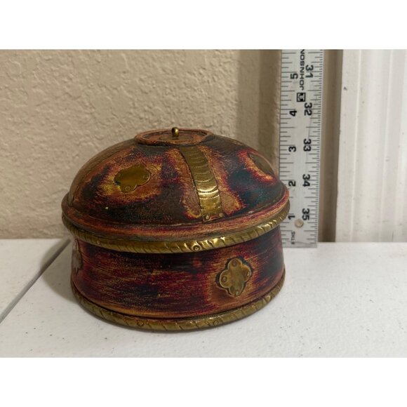 Vintage Handcrafted Wooden Trinket Box W/ Intricate Brass Inlay Lid - Picture 9 of 9